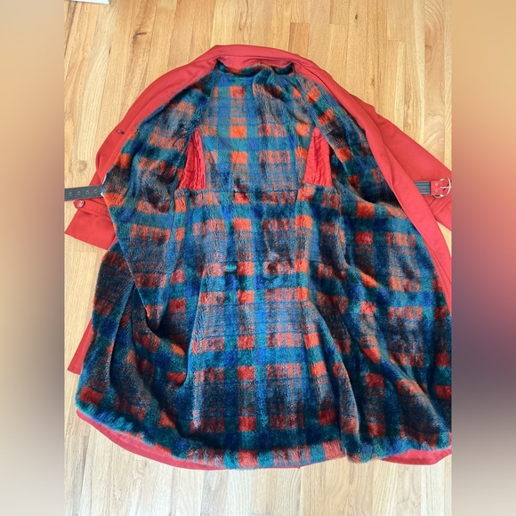 Vintage Union Made Plaid Faux Fur Lined Belted Trench Rust Color - Picture 9 of 11